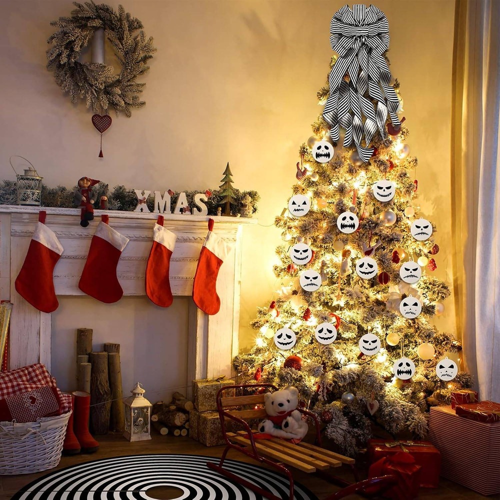 Halloween Christmas Decor Set Striped Skirt Bow Pumpkin Ornaments Black & White - Picture 7 of 7